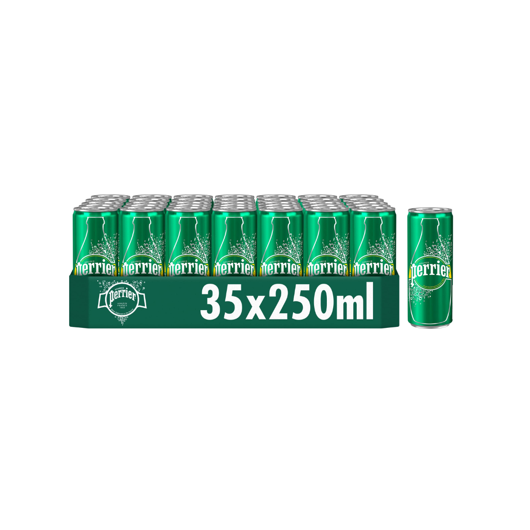 Perrier Sparkling Natural Mineral Water Cans, 250 ml, (35 Pack Of Cans) 