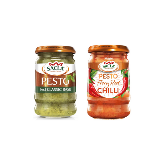 Sacla Basil Pesto 190g + Sacla Fiery Chilli Pesto 190g (Combo Pack) – Gourmet Pesto for Pasta, Sandwiches, and More