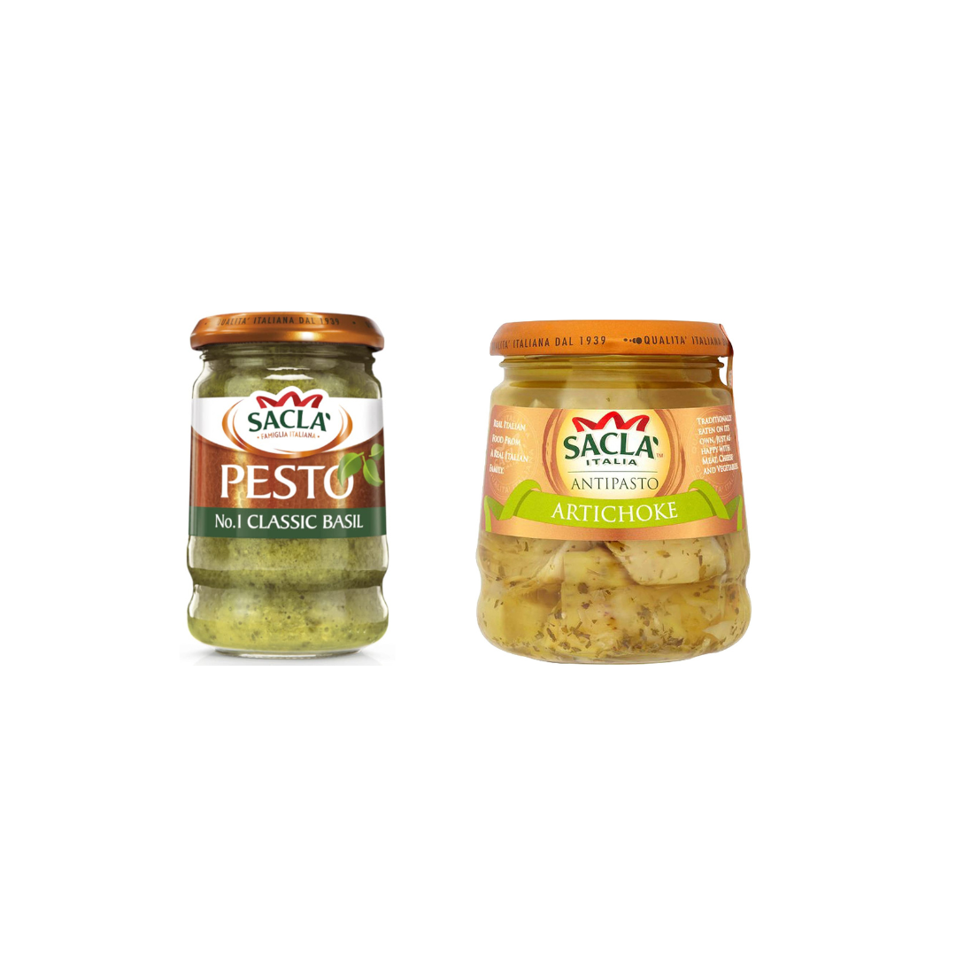 Sacla Basil Pesto 190g + Sacla Artichoke Antipasto 285g (Combo Pack)