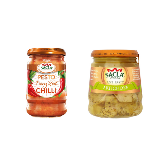 Sacla Fiery Chilli Pesto, 190g + Sacla Artichoke Antipasto 285g (Combo Pack)