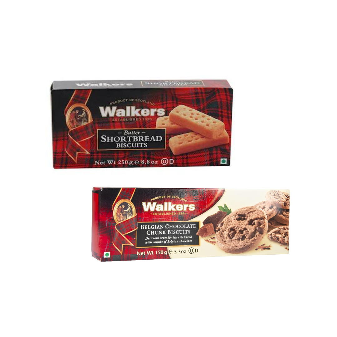 Walkers Shortbread Biscuits Fingures Cookies 250g +Walkers Belgian Chocolate Chunk Biscuits 150g (Combo Pack)